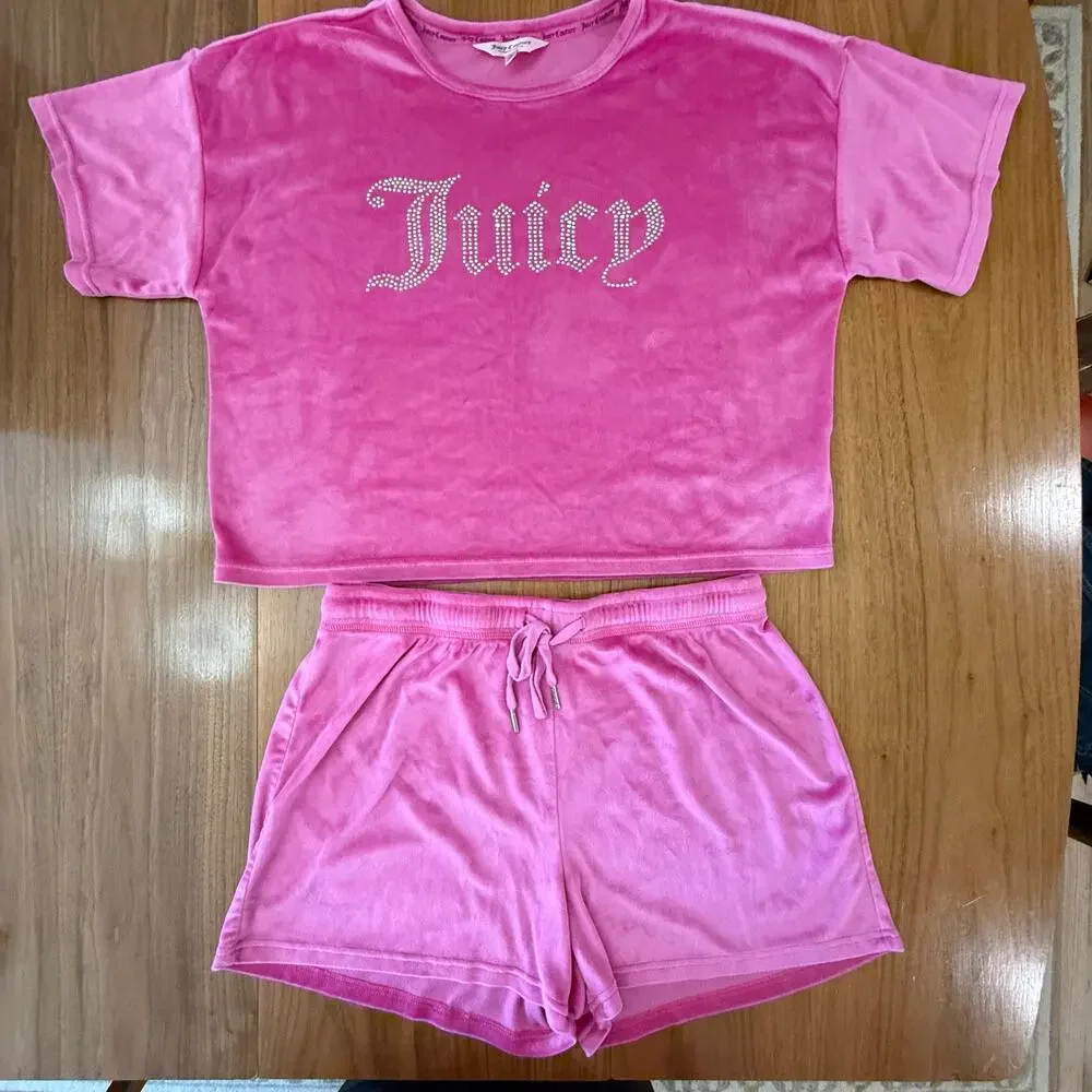 Juicy Couture Sleep Set Size L Velour Rhinestone Boxy Short Sleeve Shorts